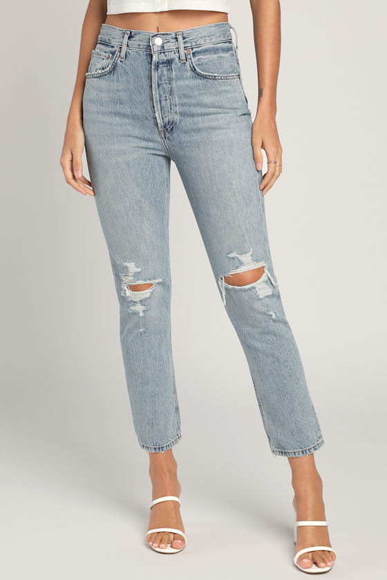 Riley Medium Wash High Rise Distressed Straight Cropped Jeans 5