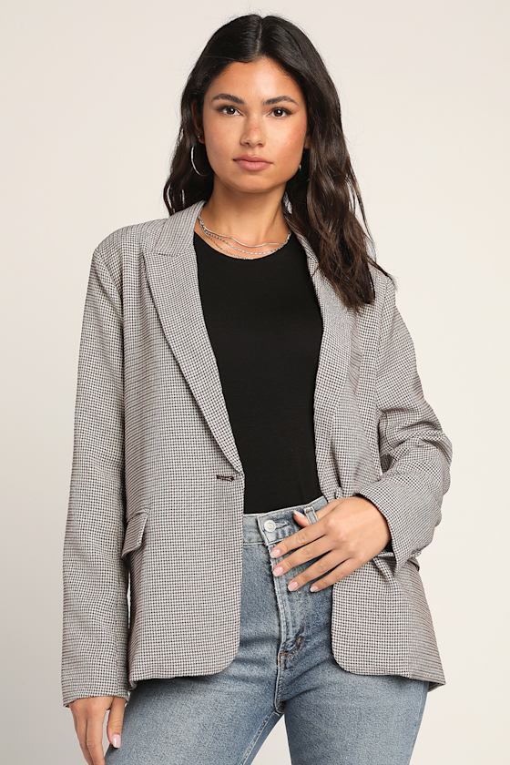 Taupe Houndstooth Blazer | Womens | Small (Available in XS, M, L, Xl) | 100% Polyester | Lulus Exclusive
