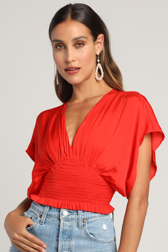 City Views Red Tie-Back Short Batwing-Sleeve Smocked Top 4