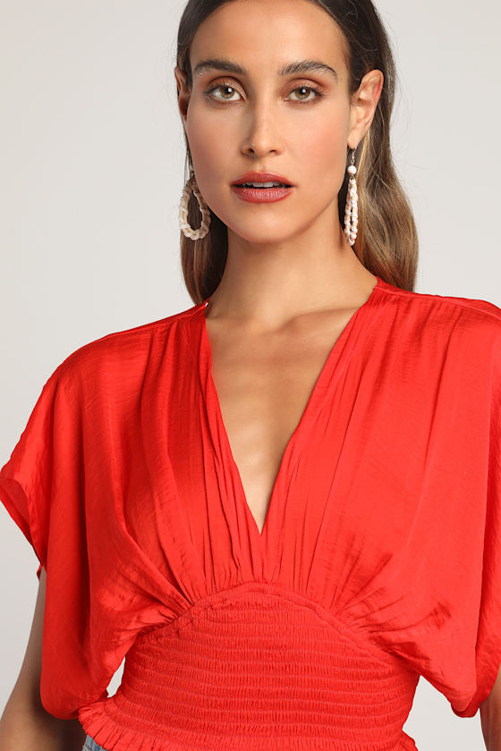 City Views Red Tie-Back Short Batwing-Sleeve Smocked Top 6