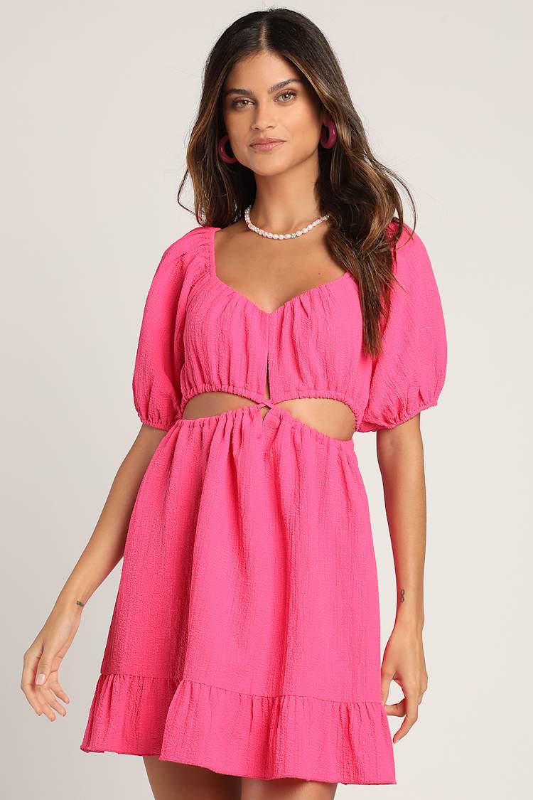 white christmas dresses Pink Floral Print Short Sleeve O Ring Cut Out Ruffle Ruched Dress Large main image 1