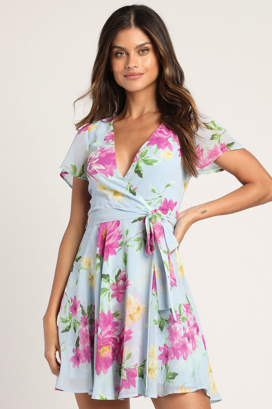 Light Blue Mini Dress - Floral Print Dress - Faux-Wrap Mini Dress - Lulus