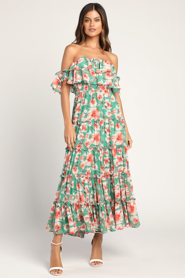 Chance For Us Green Floral Off-the-Shoulder Ruffled Maxi Dress