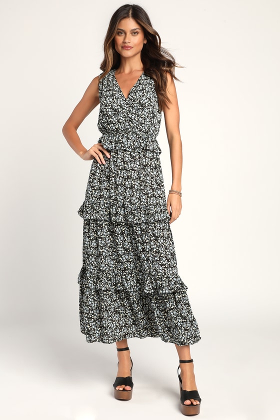 Black Floral Print Dress Ruffled Maxi Dress Tiered Dress Lulus