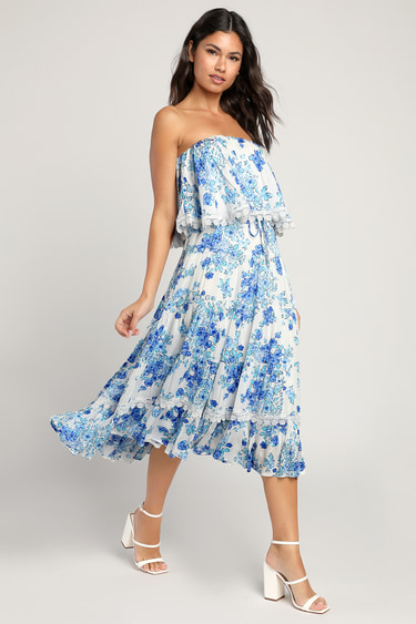 Beachy Bliss White and Blue Floral Strapless Midi Dress