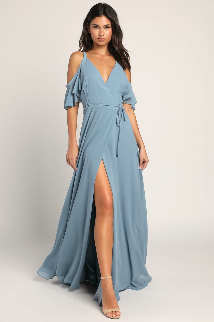Dress - OTS Cold-Shoulder Wrap Dress Maxi - Dress Blue - Lulus Slate