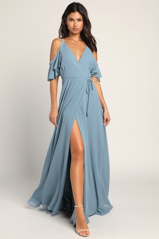 Easy Listening Slate Blue Cold-Shoulder Wrap Maxi Dress 9