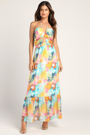 Blue Stunning One Multi Abstract Print Drawstring Halter Maxi Dress | Womens | X-Large | 100% Polyester | Lulus