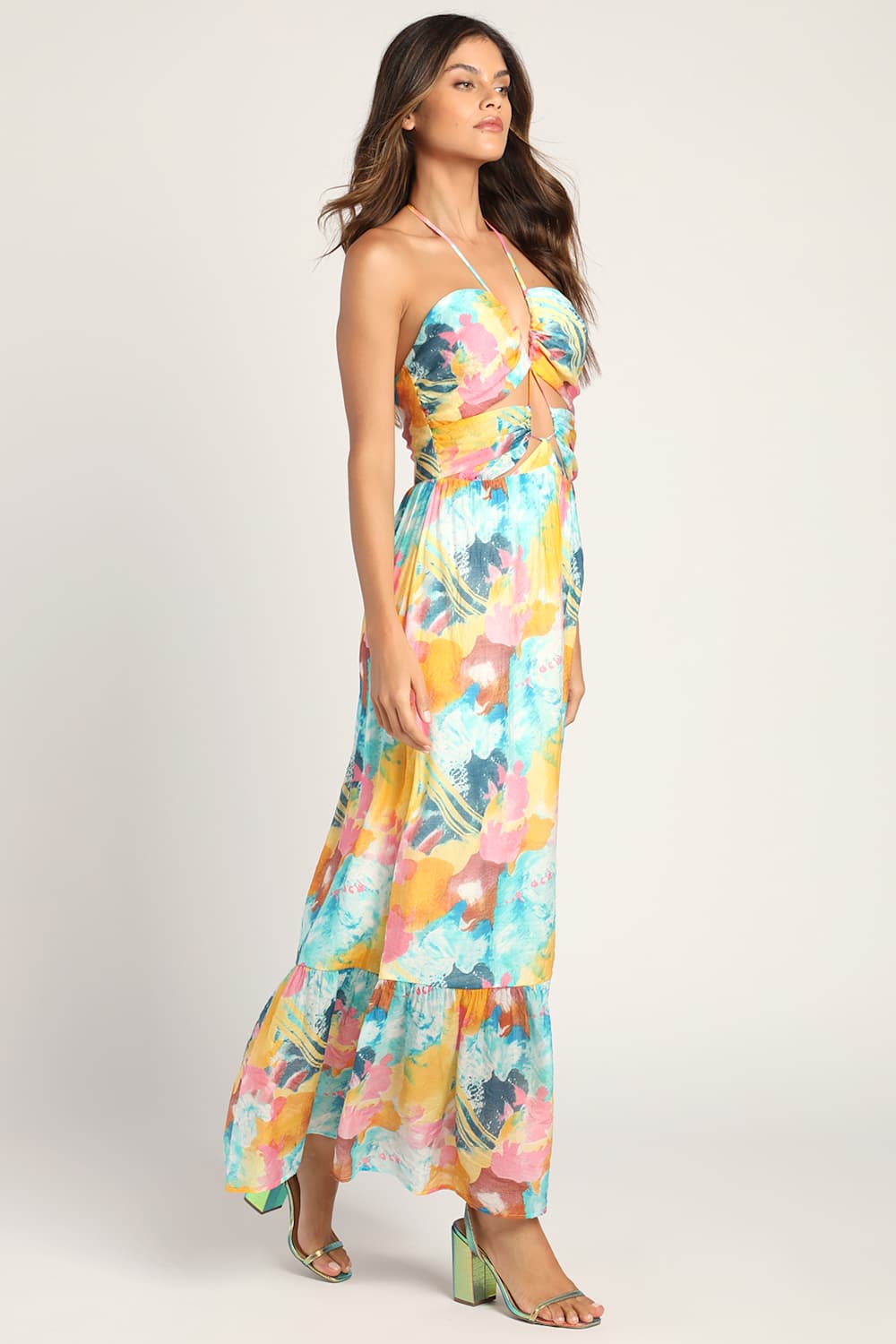 Stunning One Multi Abstract Print Drawstring Halter Maxi Dress