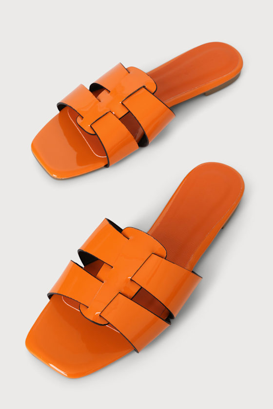 Miriana Orange Patent Flat Slide Sandals 2