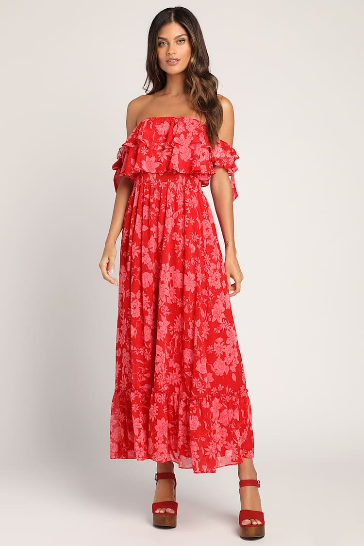 red floral off the shoulder maxi dress Floral One Shoulder Maxi Dress Red