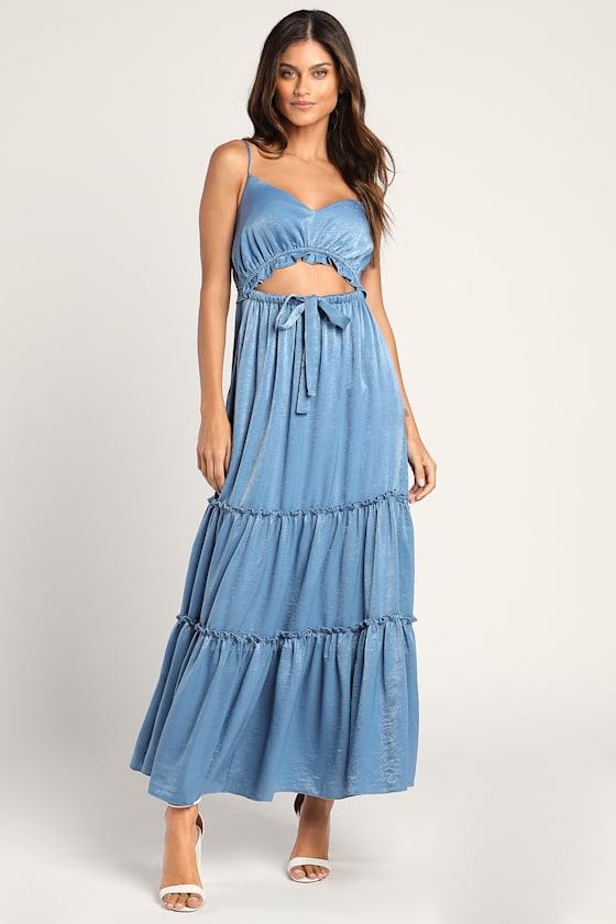 Dusty Blue Maxi Dress - Cutout Tiered 