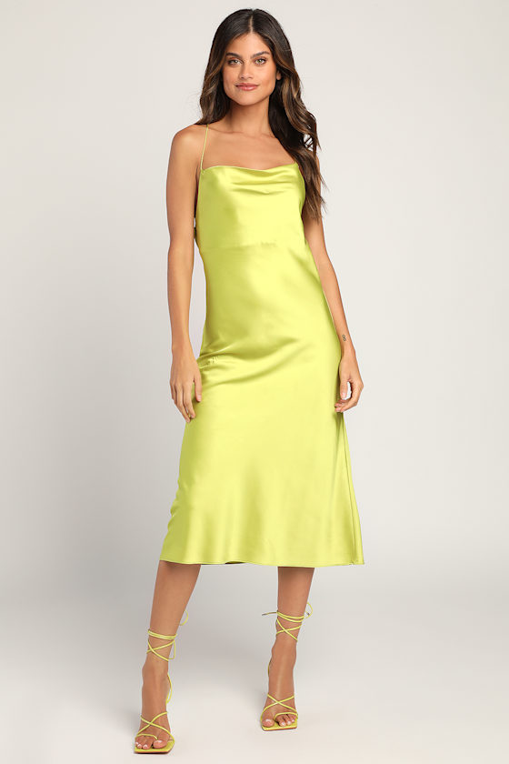 Enchant the Night Lime Green Satin Cowl Back Midi Dress 2