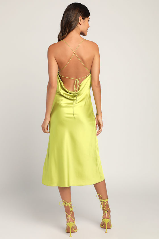Enchant the Night Lime Green Satin Cowl Back Midi Dress 5