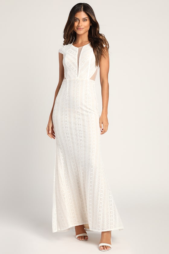 Ivory Lace Cap Sleeve Mermaid Maxi Dress | Womens | Large (Available in M) | 100% Polyester | Lulus