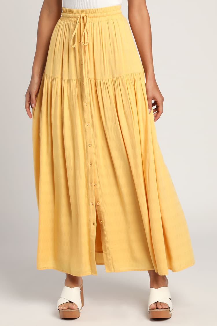 Divine Dreams Yellow Tiered Button-Up Maxi Skirt