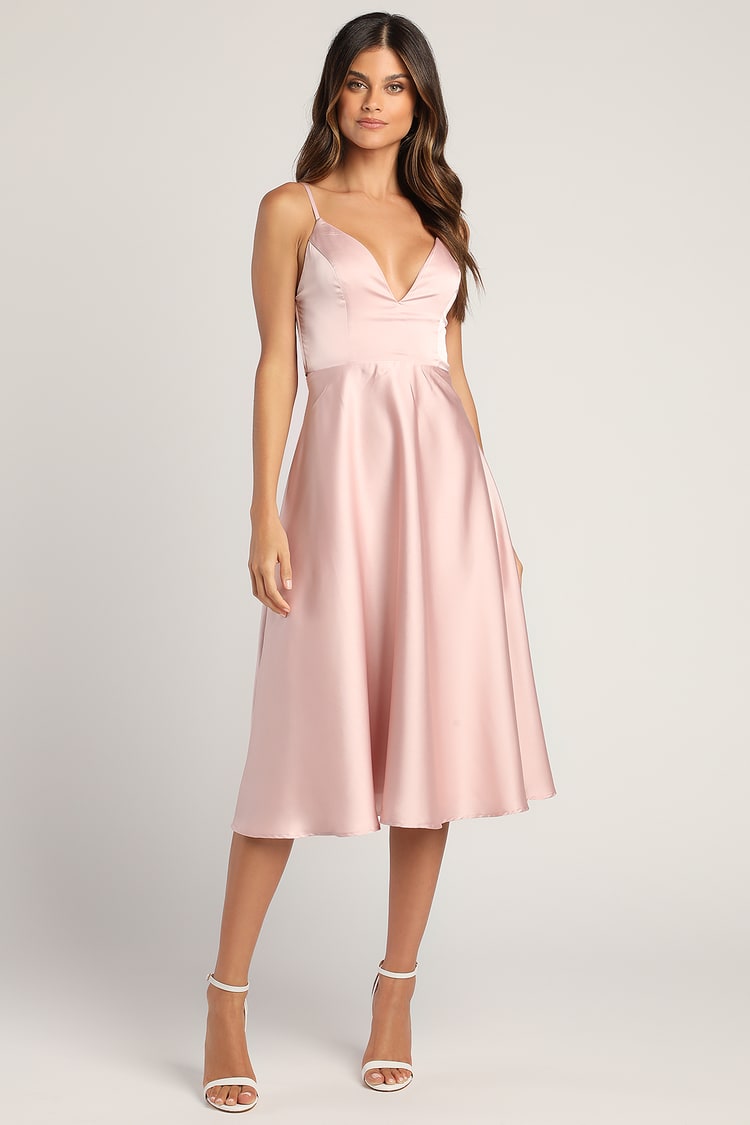 Caught a Look Blush Pink Satin Tie-Back Midi Dress