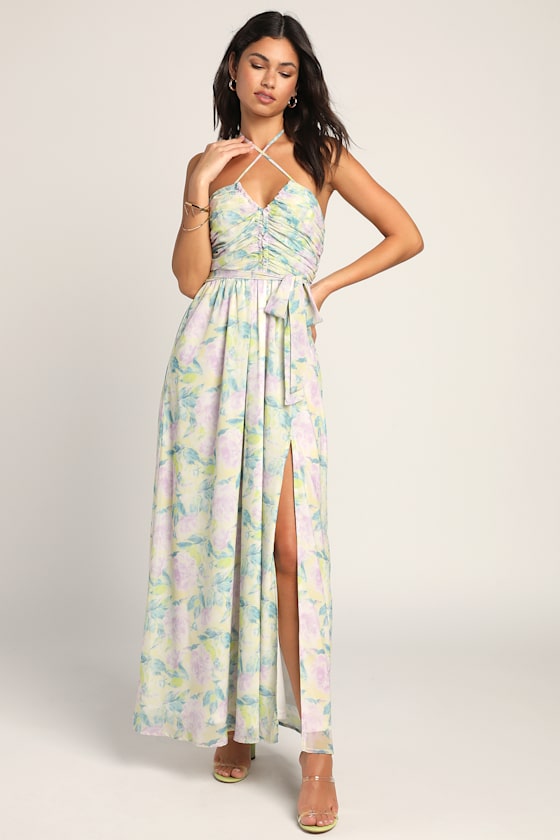 Effortlessly Abloom Green Multi Floral Ruched Halter Midi Dress 3