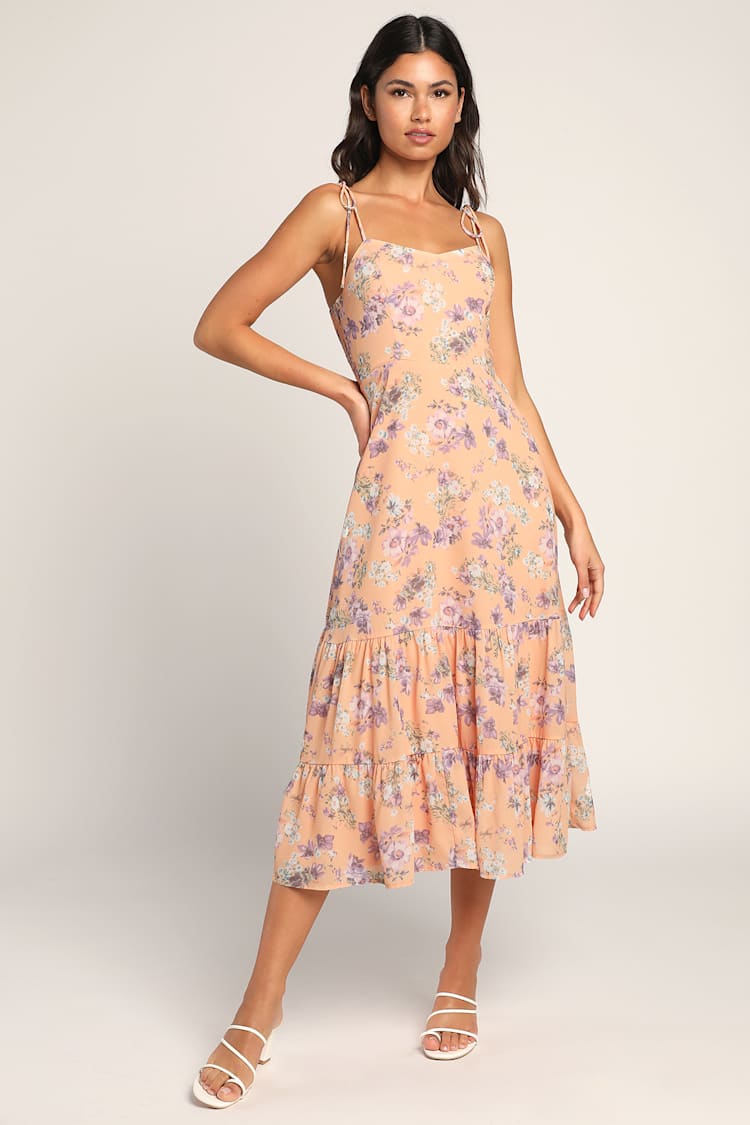 lulus orange floral dress Orange Floral Print Dress - Floral Midi Dress - Tiered Midi Dress