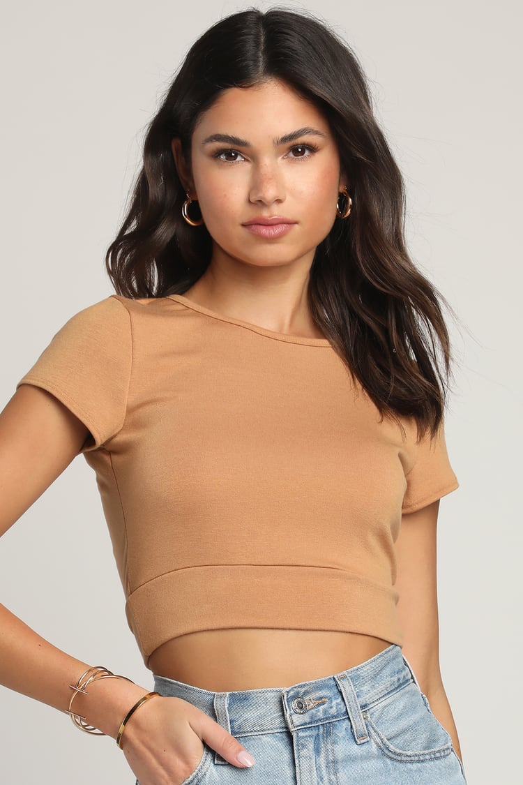 Tan Crop Top - Sleeve Crop Top Tie-Back Top - Crop Top - Lulus