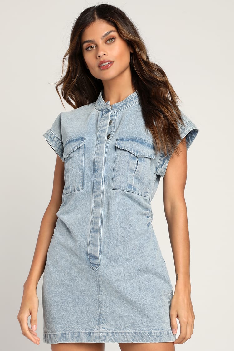 Light Wash Mini Dress - Button-Front Dress - Short Sleeve Dress - Lulus