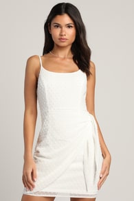 Stole Your Love White Swiss Dot Faux-Wrap Mini Dress