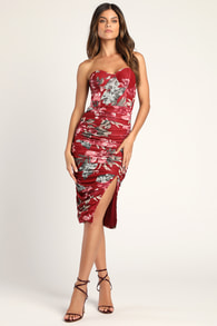 Midnight in Miami Red Tropical Print Ruched Bodycon Midi Dress