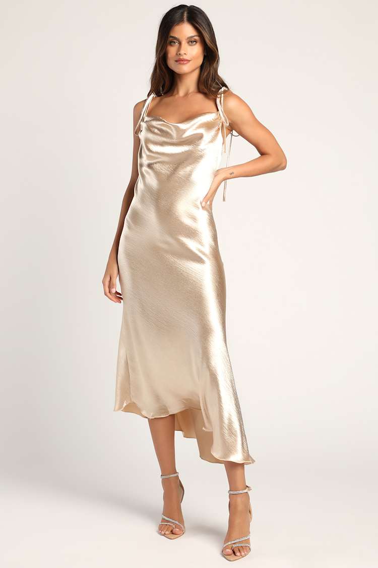 knee length dresses for ladies Champagne Beach Bridesmaid Dresses Midi Length – Lisposa