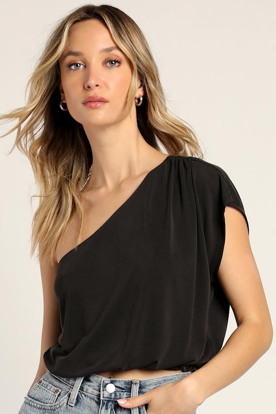 Black Bubble Hem Top OneShoulder Crop Top Asymmetrical Top Lulus