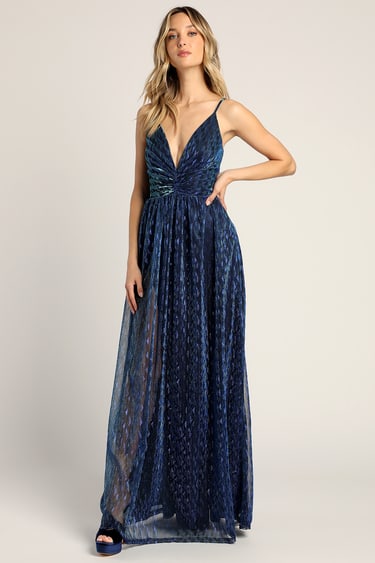 Beaming with Glam Blue Lurex Sleeveless Maxi Dress