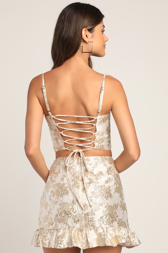 For All the Glitz Cream Jacquard Lace-Up Two-Piece Mini Dress
