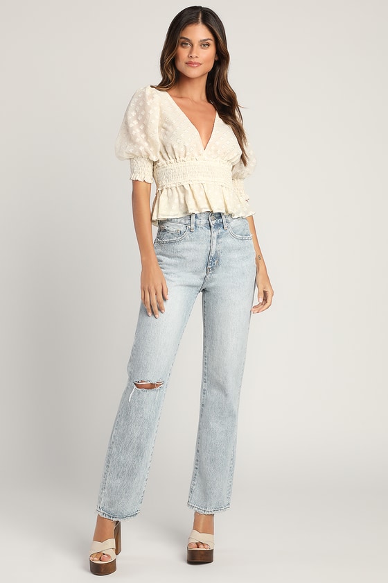Cream Peplum Top - Smocked Puff Sleeve Top - Gold Jacquard