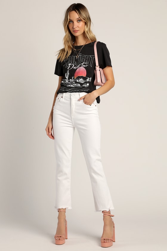 Daze Denim Shy Girl White High-waisted Cropped Distressed Flare Jeans