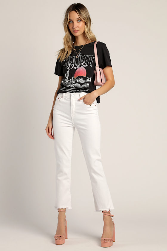 Shy Girl White High-Waisted Cropped Distressed Flair Jeans 1
