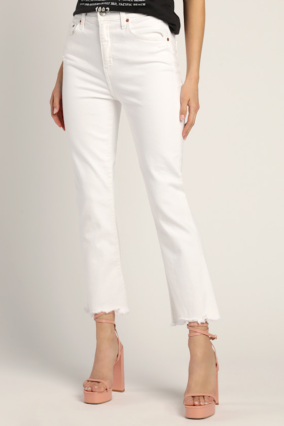 Shy Girl White High-Waisted Cropped Distressed Flair Jeans 6