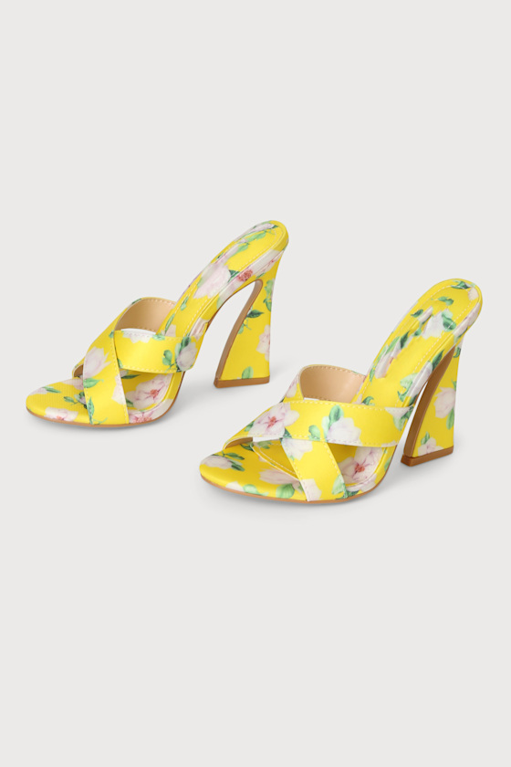 Allura Yellow Floral Print Satin High Heel Slide Sandals 3