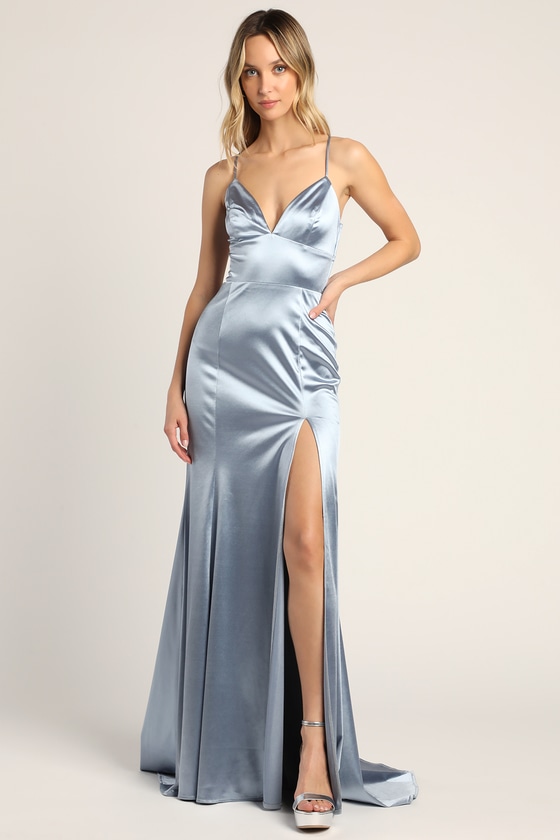 Dusty Blue Maxi Dress - Satin Dress - Lace-Up Maxi Dress - Lulus