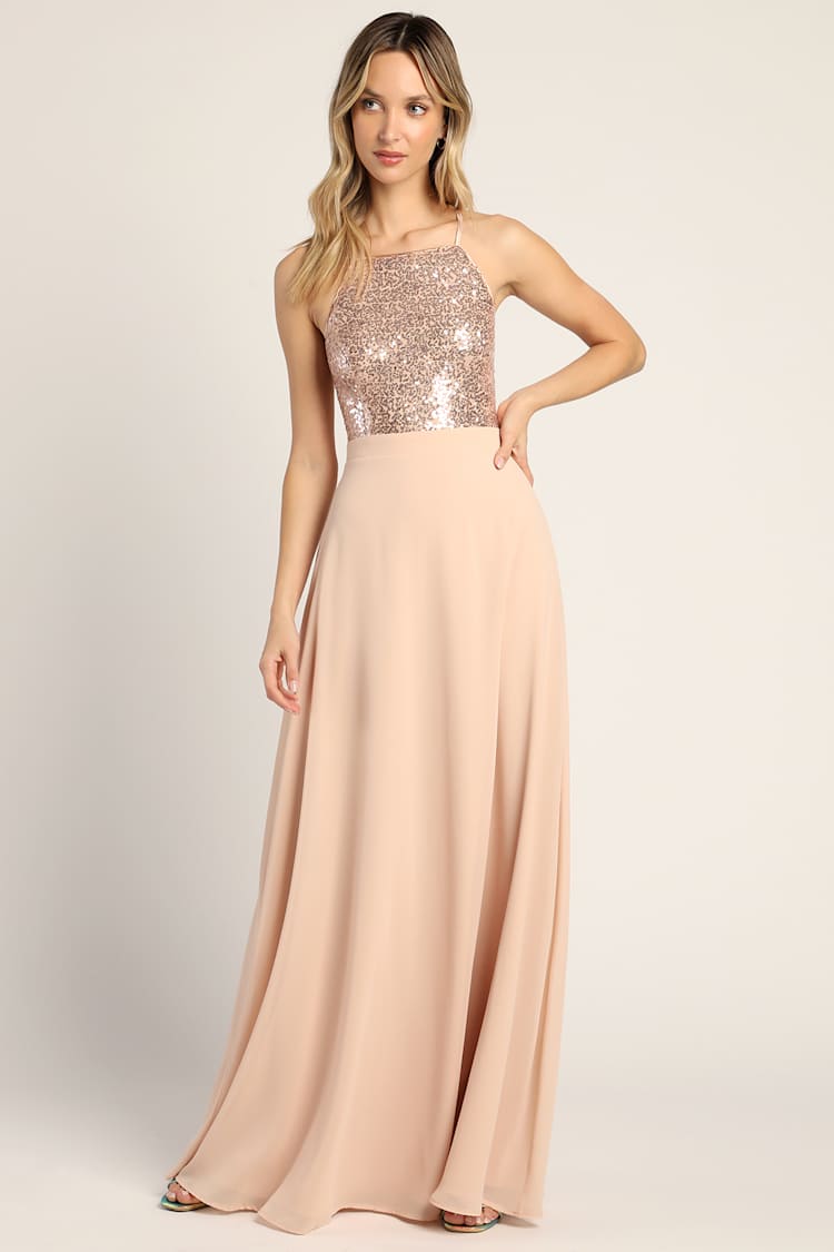 Endlessly Enchanted Champagne Pink Sequin Maxi Dress