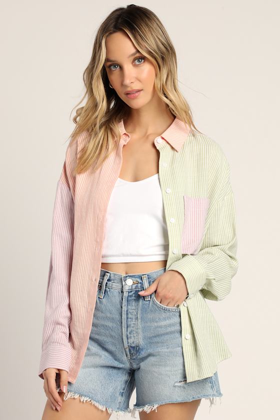 Multi Colorblock Top - Button-Up Top - Long Sleeve Collared