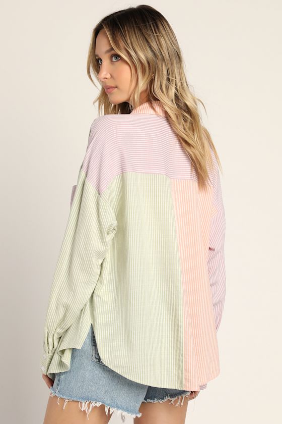 Multi Colorblock Top - Button-Up Top - Long Sleeve Collared