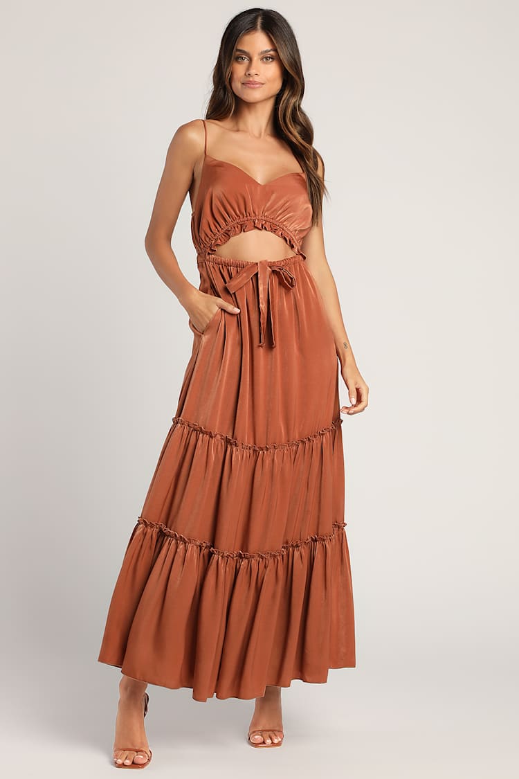 Rust Brown Maxi Dress - Cutout Tiered Dress - Satin Tiered Dress - Lulus