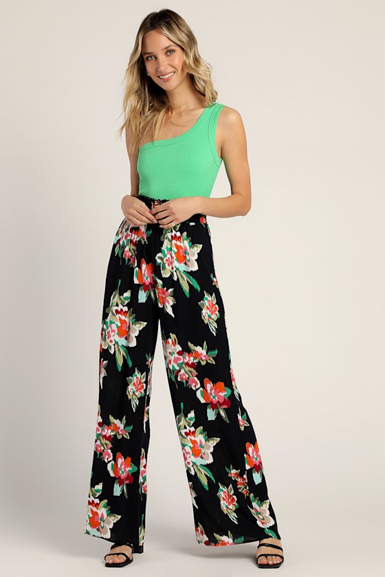 Navy Pants - Floral Print Pants 