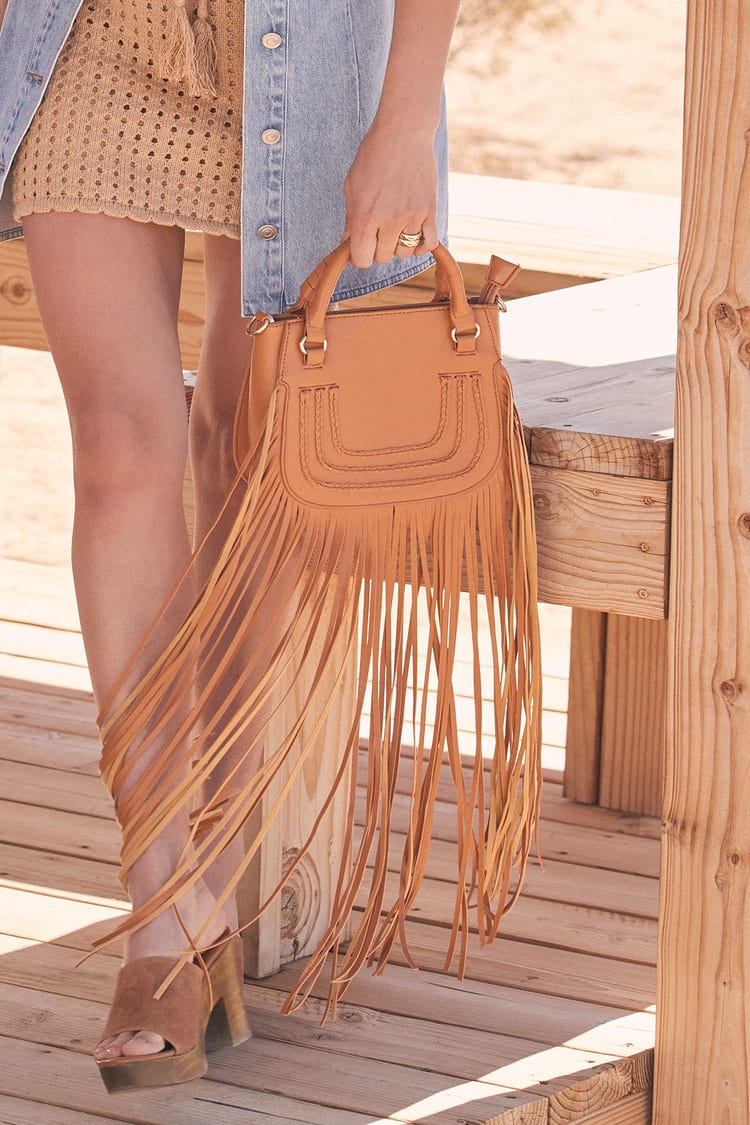 Let's Go West Cognac Fringe Crossbody Bag