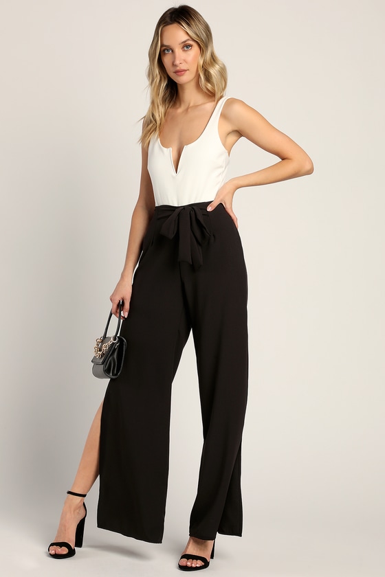 Black Wide Leg Pants With High Front Slits, Black High Waist