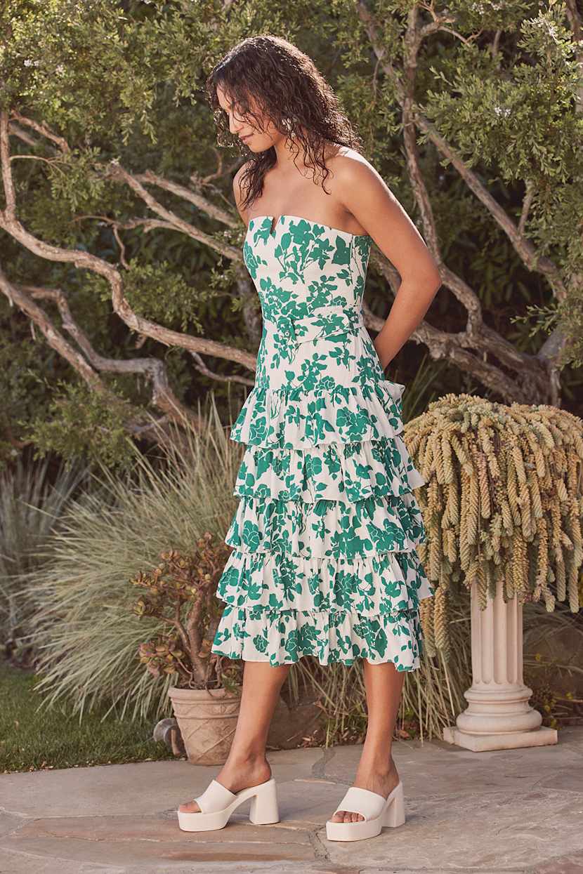 White Floral Print Midi Dress - Tiered Dress - Ruffled Midi Dress - Lulus