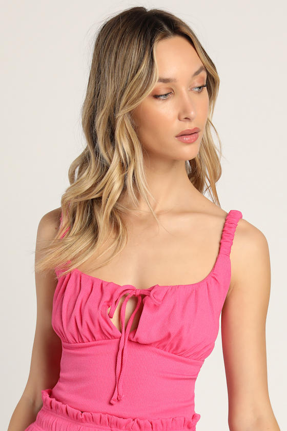 Hot Pink Tank Top Ribbed Top TieFront Tank Top Crop Top Lulus