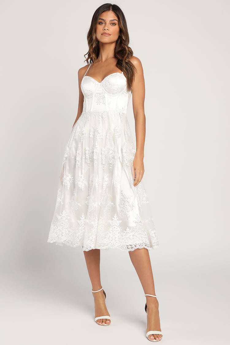 White Midi Dress - Lace Dress - Bustier Dress - Sleeveless Dress