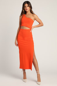 Spice Things Up Orange Ribbed One-Shoulder Cutout Midi Dress