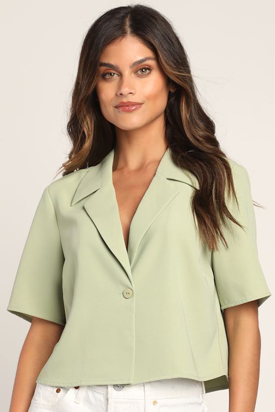 Sage Green Blazer Cute Cropped Blazer Short Sleeve Blazer Lulus