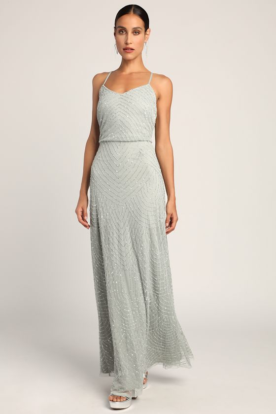 More Than Words Sage Green Beaded Sequin Maxi Dress 5